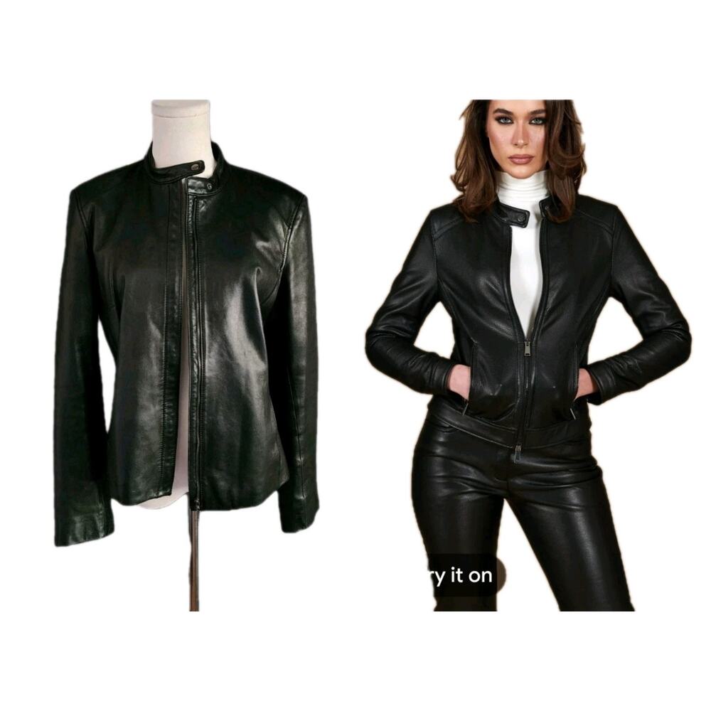Ann Taylor Black Genuine Soft Leather Jacket Button Neck Collarless Size Medium